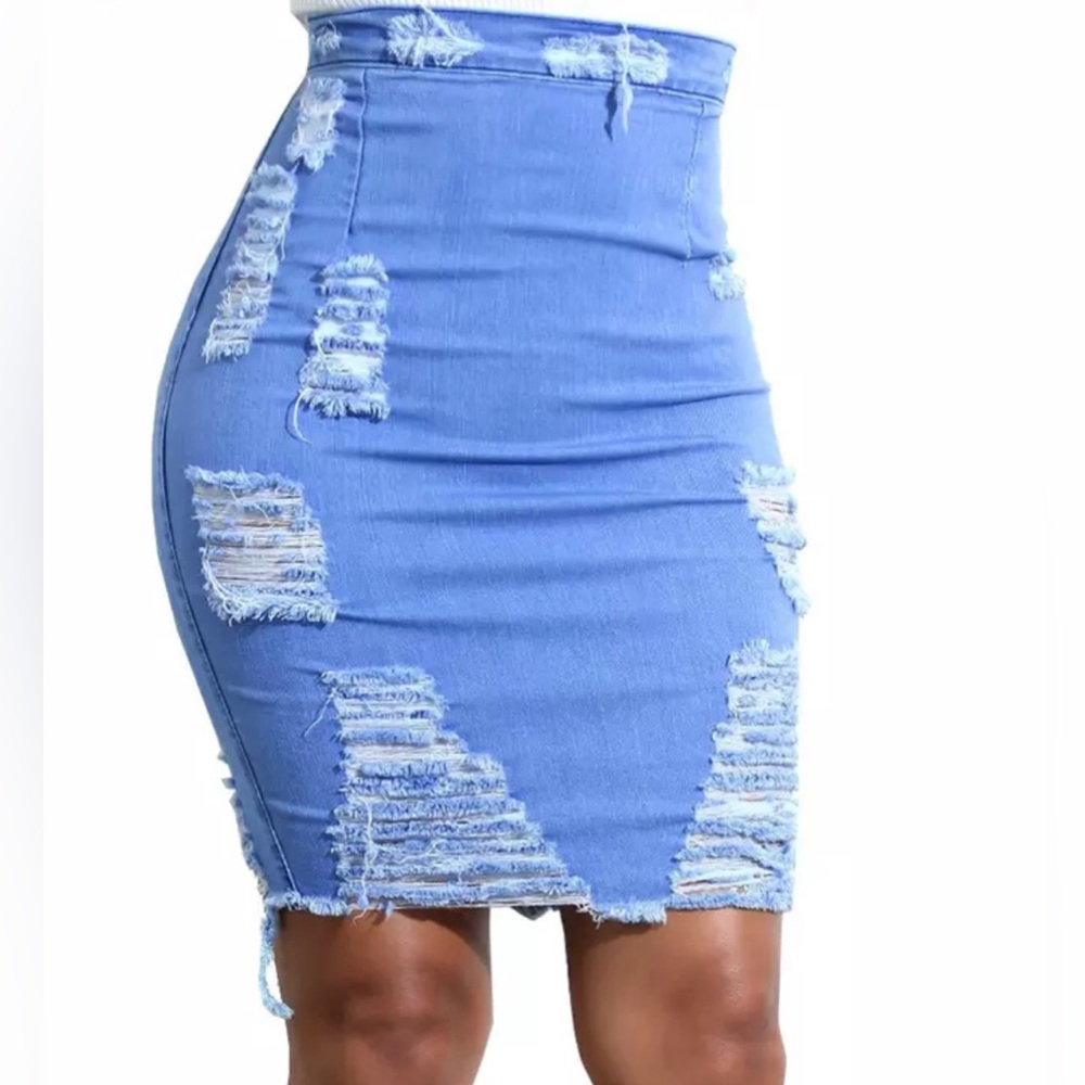 New Stretchy Ripped, Light Blue Denim, Casual HighWaist Pencil Skirt, Size Large